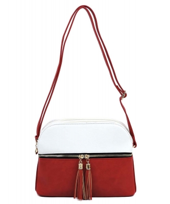 Dual Tone Zip Tassel Multi Compartment Crossbody Bag LP050 WHITE/WATERMELON
